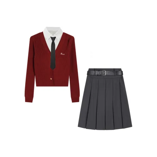 Ice cream and whale Красный кардиган Sweater + Серое платье-миди + Молочно-белая рубашка с длинным рукавом + Черный галстук + С ремнем Женская униформа