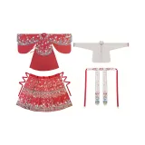 Set (Красный Чхонсам с круглым вырезом + Белый топ на бретелях + Красная китайская юбка с узором "конское лицо" + Белый ремень)