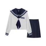 Новый трехкомпонентный комплект: длинный рукав + юбка средней длины + темно-синий шарф + белая пуговица