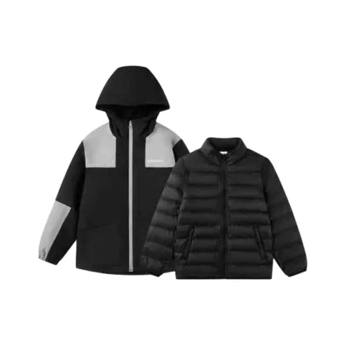QIAODAN Многоцветный С капюшоном Свободный крой Утолщенный Стандартное издание Белый утиный пух Детский Топ Подростки 2 предмета Комплект Черный