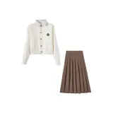 Комплект из двух частей (Белый полосатый ожерелье-чокер с значком кардиган + Коричневая корейская плиссированная юбка)
