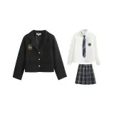 Розовый бизнес-костюм + облако с длинным рукавом + темно-ночная юбка + галстук