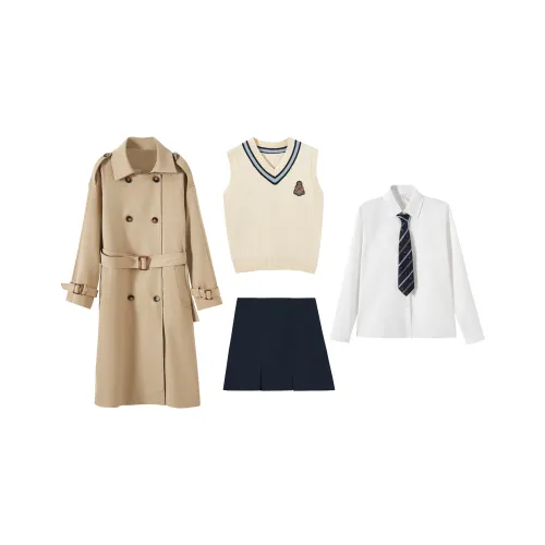 KAZAN FIVE предметный набор Хаки пальто + Желтый свитер + Белая рубашка + Темно-синяя нижняя юбка + Саржевый галстук Женская униформа