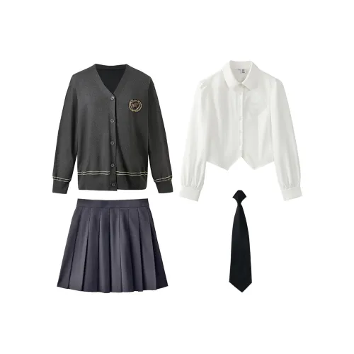 Угольно-серый комплект: кардиган + рубашка + юбка + значок + галстук, женская униформа