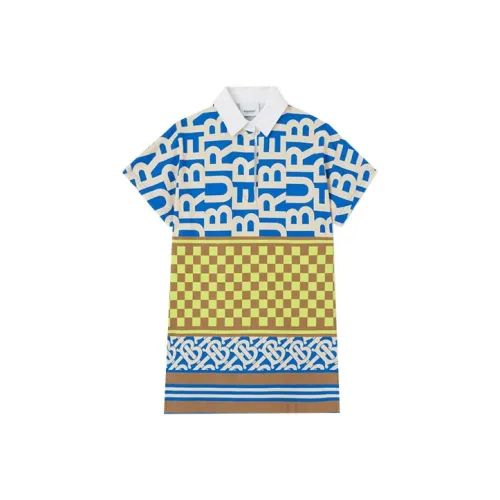 Burberry SS22 Монокль Многоцветная клетка Буква Полосы С принтом Хлопок Короткий рукав Синий Детский
