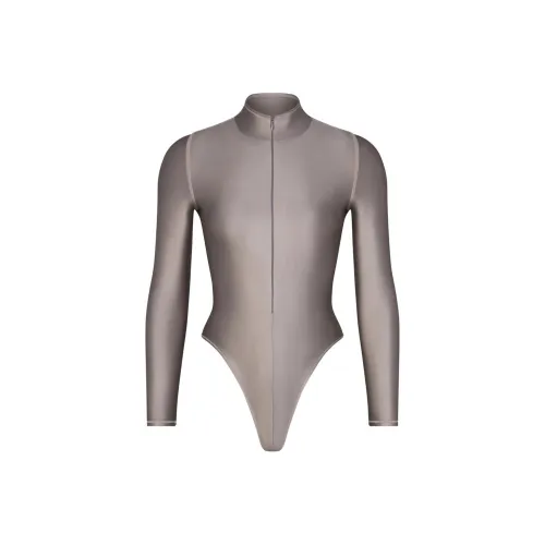 SKIMS SHINE Плавание ZIP Передняя часть Длинный рукав ONE PIECE Ван-Пис Купальник Женские Дым Дымчато-серый