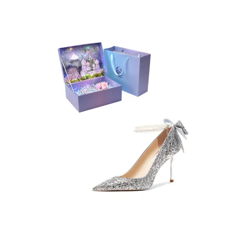 ROBINHOOD 3D Коробка Искрящийся Блестящий Розовый Узкий каблук Высокие каблуки Женские Серебряный
