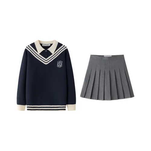 Tokyo Season Набор Темно-синий Fake Два предмета Свитер + Серый Плиссированная Юбка Женская Униформа