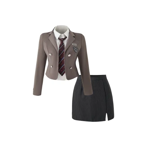 KAZAN Четырехпредметный Набор Темно-кофейного Коричневого Цвета BLAZER + Белая Рубашка + Юбка до Бедра + Звезда Галстук Женская Униформа