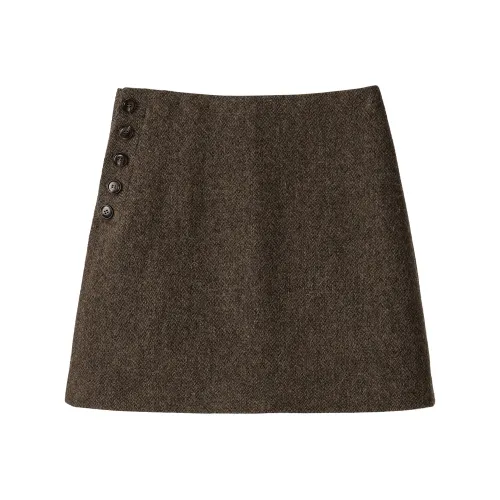 Fstudio Корейский стиль 100 Овечья шерсть Полу-длина HIGH RISE A Линия Юбка Женские Кофе