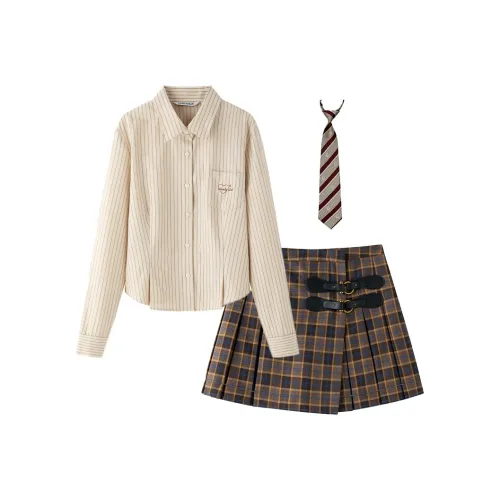 Tokyo Season Набор Коричневая рубашка + коричневая кожаная этикетка, клетчатая юбка + аксессуары для женской униформы