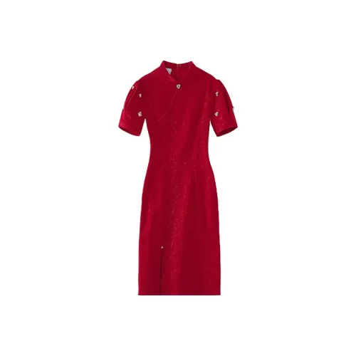 JINYE ORIENTAL Короткое ципао Короткий рукав Чэнсам Женский Гранат Красный