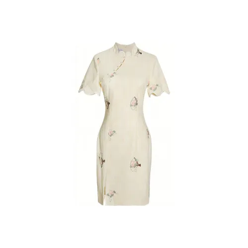 JINYE ORIENTAL Лепесток Диагональная планка Короткий рукав Халат Женские Crescent Moon Желтый