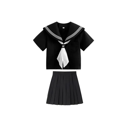 SHENBEI JK Черная Рубашка с тремя пуговицами, с коротким рукавом + Черная юбка + Белое воротничное полотенце, женская униформа
