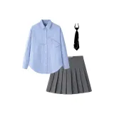 Комплект (Синяя рубашка + Серый плиссированный топ с топстичингом + аксессуар)