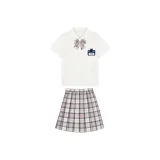 Плиссированная рубашка с коротким рукавом, белого цвета + Юбка "Старое любовь", стихотворение + Боксерские шорты + Галстук-бабочка + Новый значок на груди JK