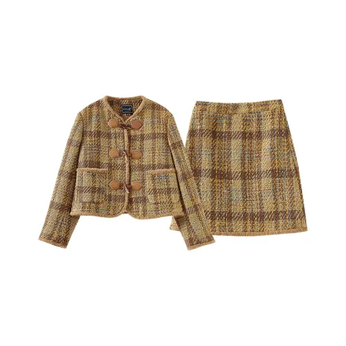 OUNIXUE Комплект с юбкой Женские Желто-кофейная клетка