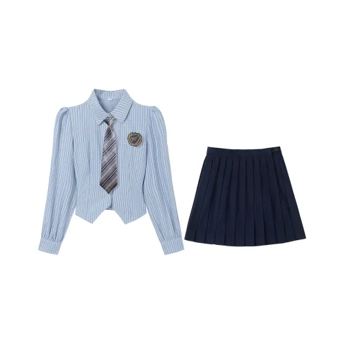 Набор Полосатая рубашка + Плиссированная юбка + Значок + Галстук Женская униформа