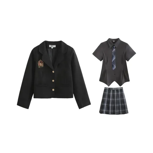 SHENBEI JK Шип Розовый Бизнес Костюм + С утяжкой на талии Серый Короткий Рукав + Темно-ночная Юбка + Галстук Женская Униформа