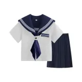 Новый три-книга короткий рукав + платье-миди + темно-синий шарф + белый пуговица