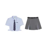 Синий (Рубашка + Юбка с оборками + Галстук + Ремень)
