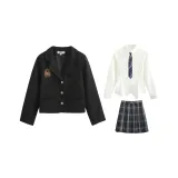 Розовый бизнес-костюм + белый длинный рукав топ с утяжкой на талии + темно-ночная юбка + галстук