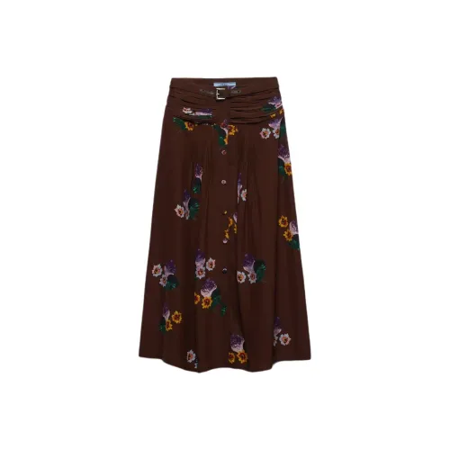 PRADA Печатный Понгэ Midi Юбка Повседневная Длинная Юбка Женская Какао-Коричневый