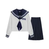 Новый три-книга с длинными рукавами + длинная юбка + темно-синий шарф + белая пуговица