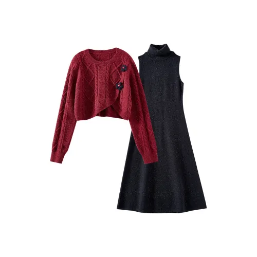 OUNIXUE Комплект с юбкой Женские Красный+Черный