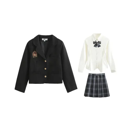 SHENBEI JK Шип Розовый Бизнес Костюм + С утяжкой на талии Белый Длинный Рукав Топ + Темно-ночная Юбка + Галстук-бабочка Женская Униформа