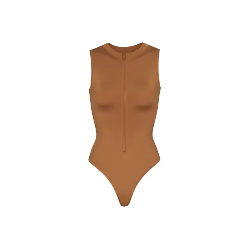 SKIMS Фирменный Плавание ZIP Передняя часть Без рукавов One-piece Купальник Женские Миндаль Миндаль