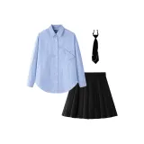 Комплект (Синяя рубашка + Черная юбка с оборками и топстичингом + аксессуар)