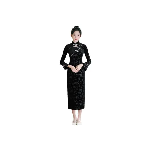 Красные цветные одежды Чонсам Женские Черный