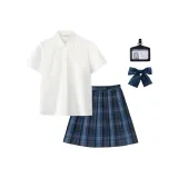 Set (Белый персик Сода Рубашка с коротким рукавом + Клетчатая юбка Jinlan High School)