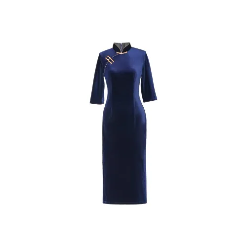 Красные цветные одежды Чонсам Женские Синий