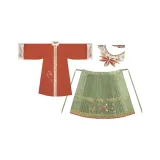 Набор из трех предметов (Апельсиновая планка с прямым воротником куртка + Зеленая юбка с узором "Лошадь-лицо" + Облако на плечах)