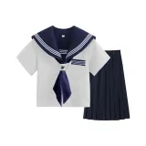 Новый Three-Книга Короткий рукав + Длинная юбка + Темно-синий шарф + Белая пуговица