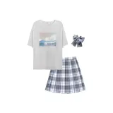 Белый костюм (Футболка с двумя кроликами + клетчатая юбка)