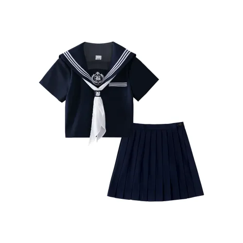 9 Кошачьих Лакомства для Кошек Однотонные с Плиссированной Юбкой Комплект Женские Темно-Синий