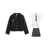 Розовый бизнес-костюм с утяжкой на талии, белая короткая рубашка с короткими рукавами + темно-ночная юбка + галстук