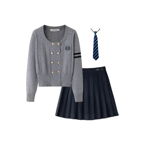 Tokyo Season Набор Серый Свитер + Темно-синяя Плиссированная Юбка + Аксессуар Женская Униформа