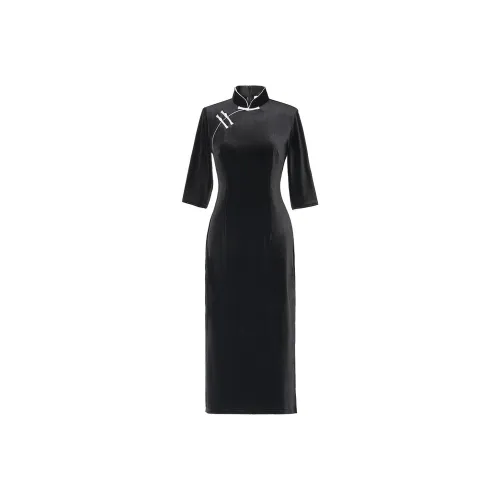 Красные цветные одежды Чонсам Женские Черный