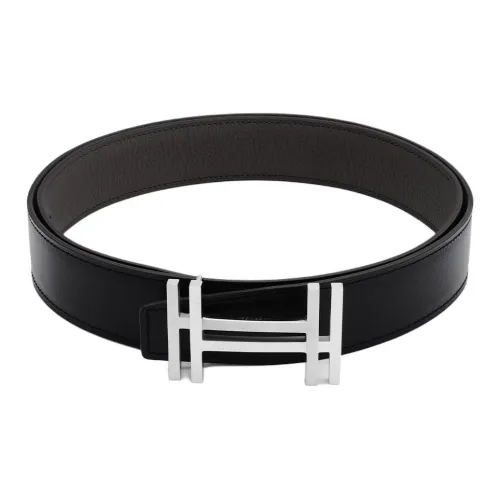 HERMES Ремни из коровьей кожи Мужской Черный Оловянно-серый 3,2 см