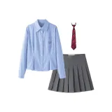 Комплект (Синяя рубашка + Серый плиссированный топ с топстичингом + аксессуар)