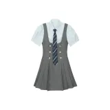 Комплект (Синяя рубашка с коротким рукавом + серая юбка с поясом + синий галстук)