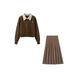 Комплект из двух частей (Коричневый полосатый ожерелье-чокер с значком кардиган + коричневая корейская плиссированная юбка)