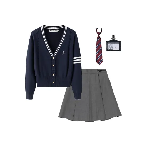 Tokyo Season Темно-синий Свитер + Серый Eight Коробка Юбка + Аксессуар Женская Униформа