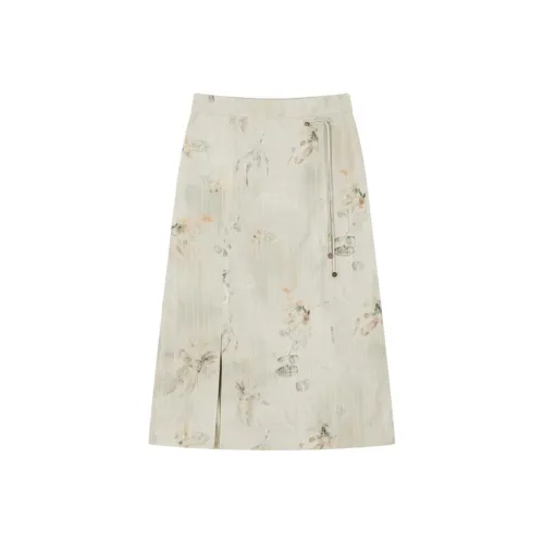 IHIMI Повседневный Длинный Юбка Женские Античный циан Принт Зеленый