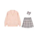 Розовый свитер-кардиган из искусственного норки + юбка в клетку "Старая любовь" + matching клетчатые боксеры