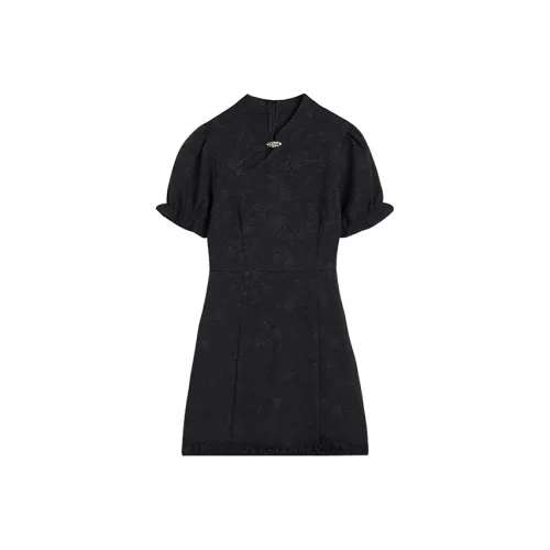 Ice cream and whale Черный Чхонсам + Веер Женские Ципао